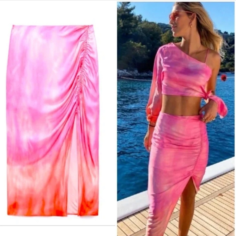 New with Tags Zara Tie Dyed Pink skirt Shirred Side w/Slit Sz XS